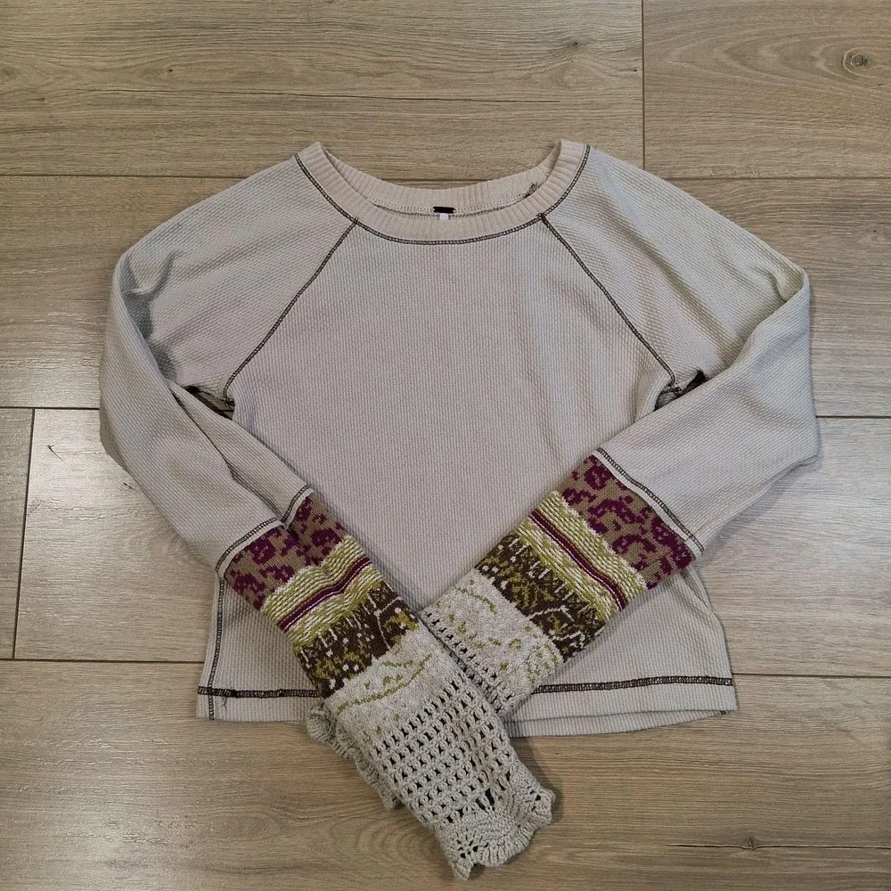 Free People In The Mix Shirt Womens Medium Thermal Waffle Knit Crochet Cuff Boho